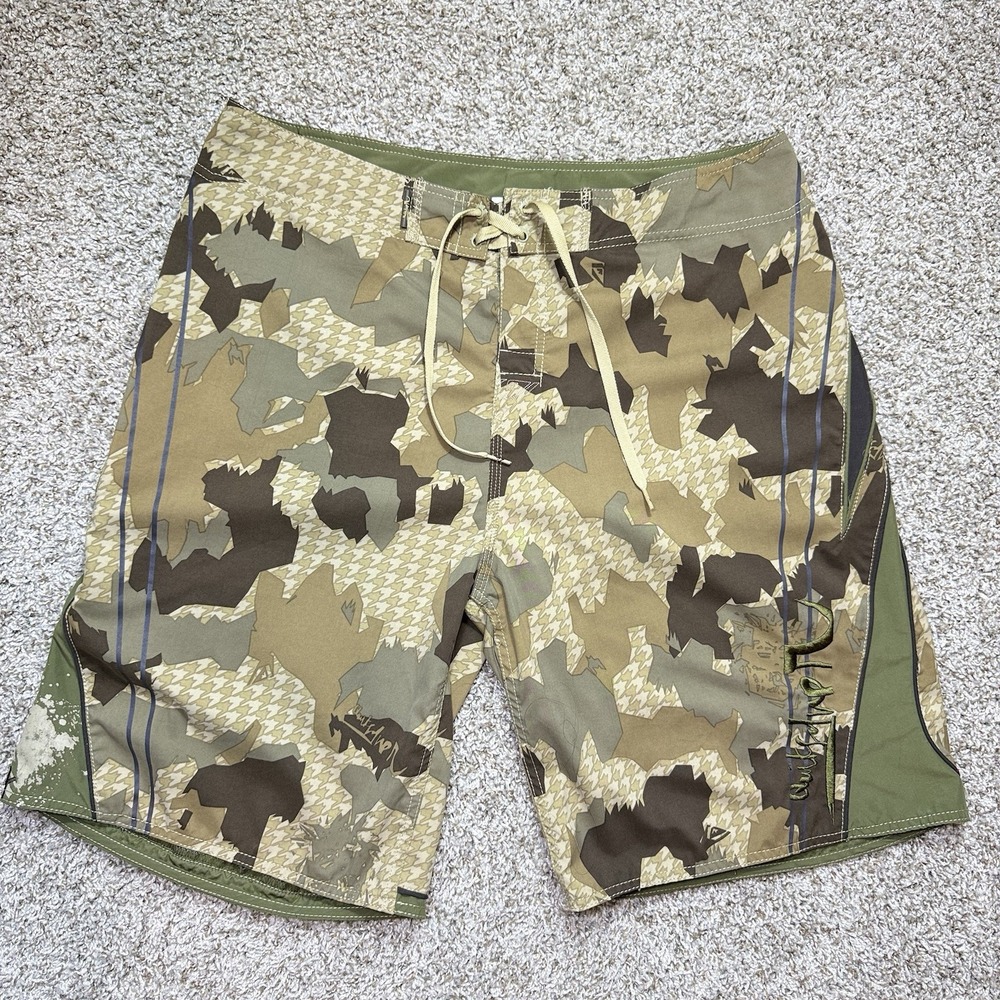 VTG Y2K Quiksilver Board Shorts Mens 38 Camo Houndstooth Cargo Surf Skate Trunks
